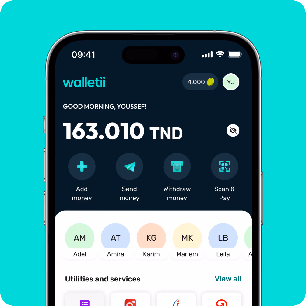 Mobile wallet app showing 163.010 TND balance and options to add, send, withdraw money, and scan to pay.