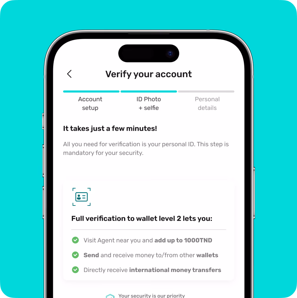 Mobile screen showing account verification step requesting ID photo and selfie for wallet level 2 benefits.