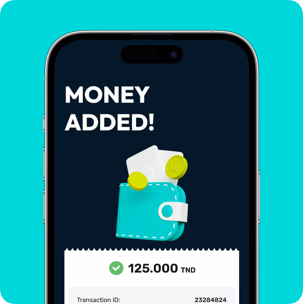 Phone screen showing confirmation of 125,000 TND added to wallet with coins and bills illustration.