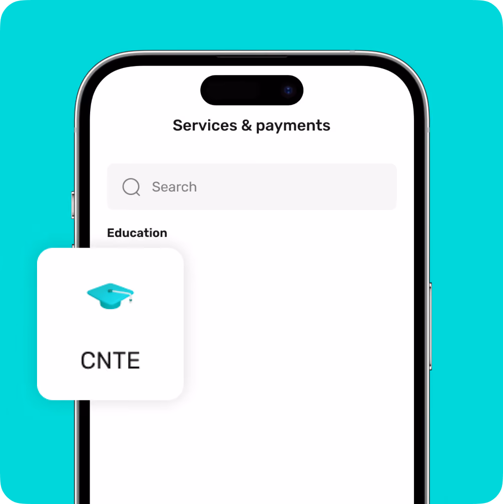 Smartphone screen showing 'Services & payments' with a search bar and an Education icon labeled CNTE.
