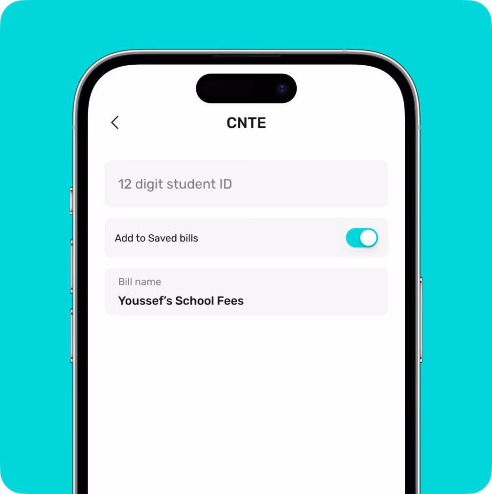 Mobile screen showing form for 12 digit student ID, toggle for saved bills, and bill named Youssef’s School Fees.