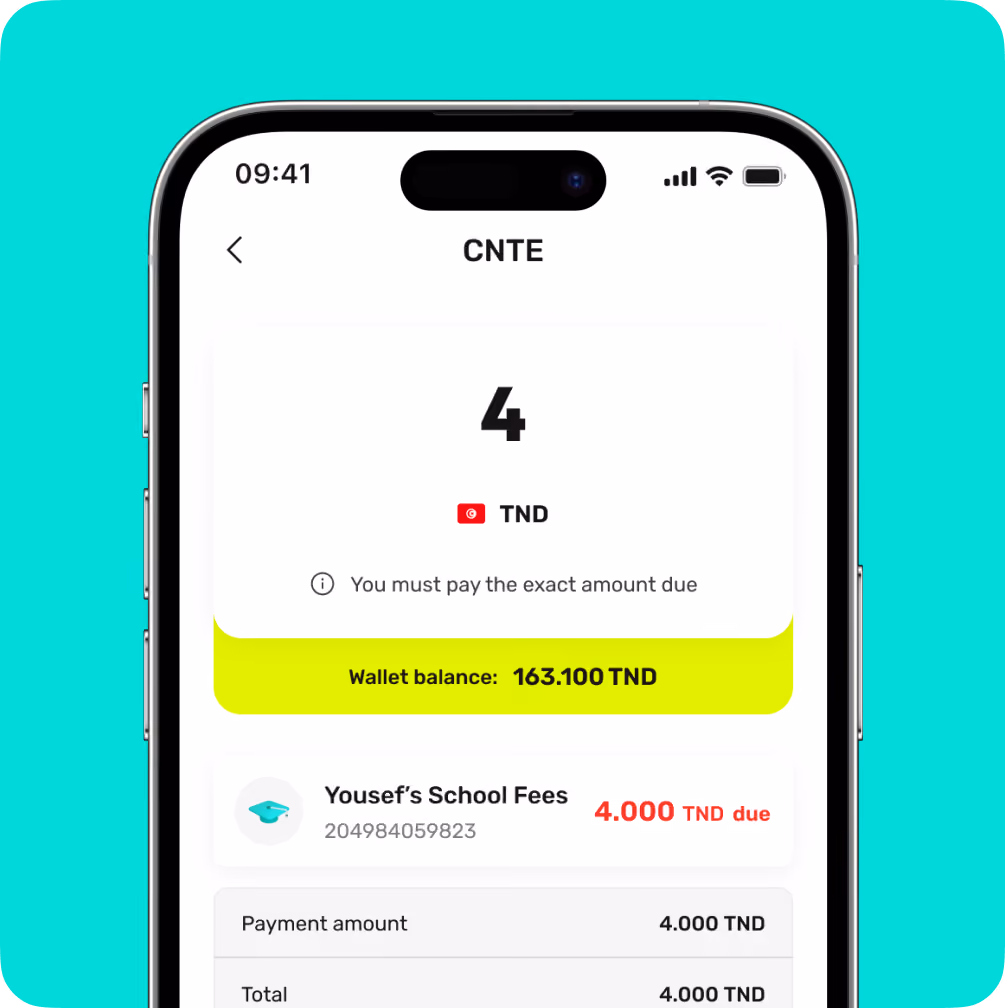 Mobile screen showing 4 TND due for Yousef's school fees with wallet balance 163.100 TND.