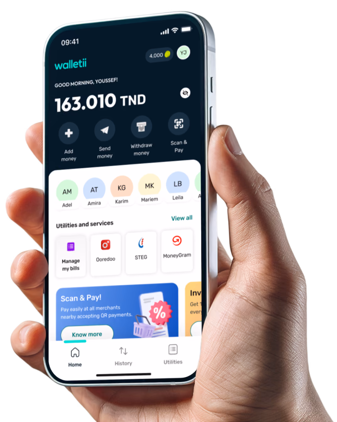 Hand holding smartphone displaying Walletii app with balance, money transfer, and bill management options.
