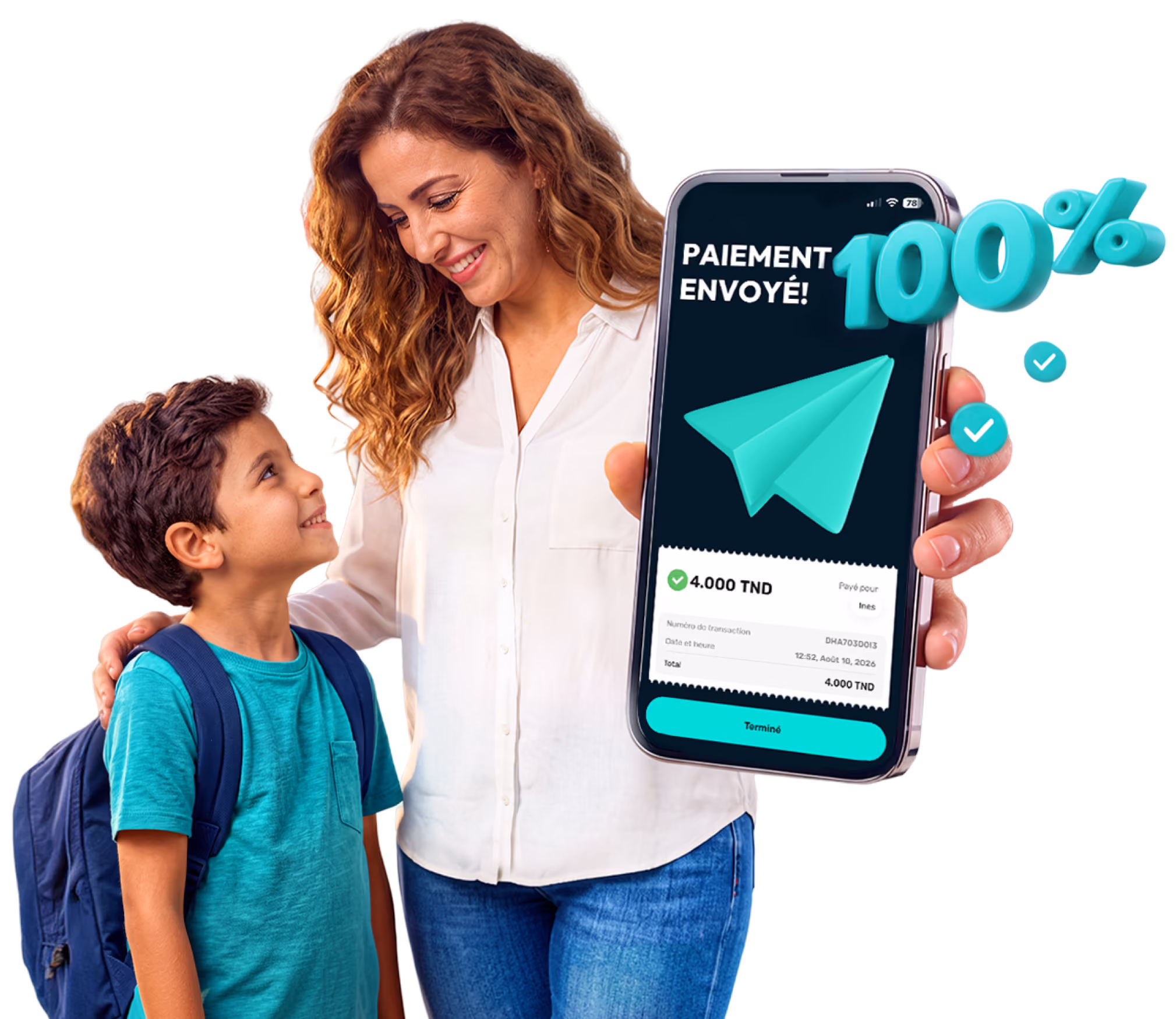 Woman smiling at boy with backpack while holding phone showing a confirmed payment of 4,000 TND.