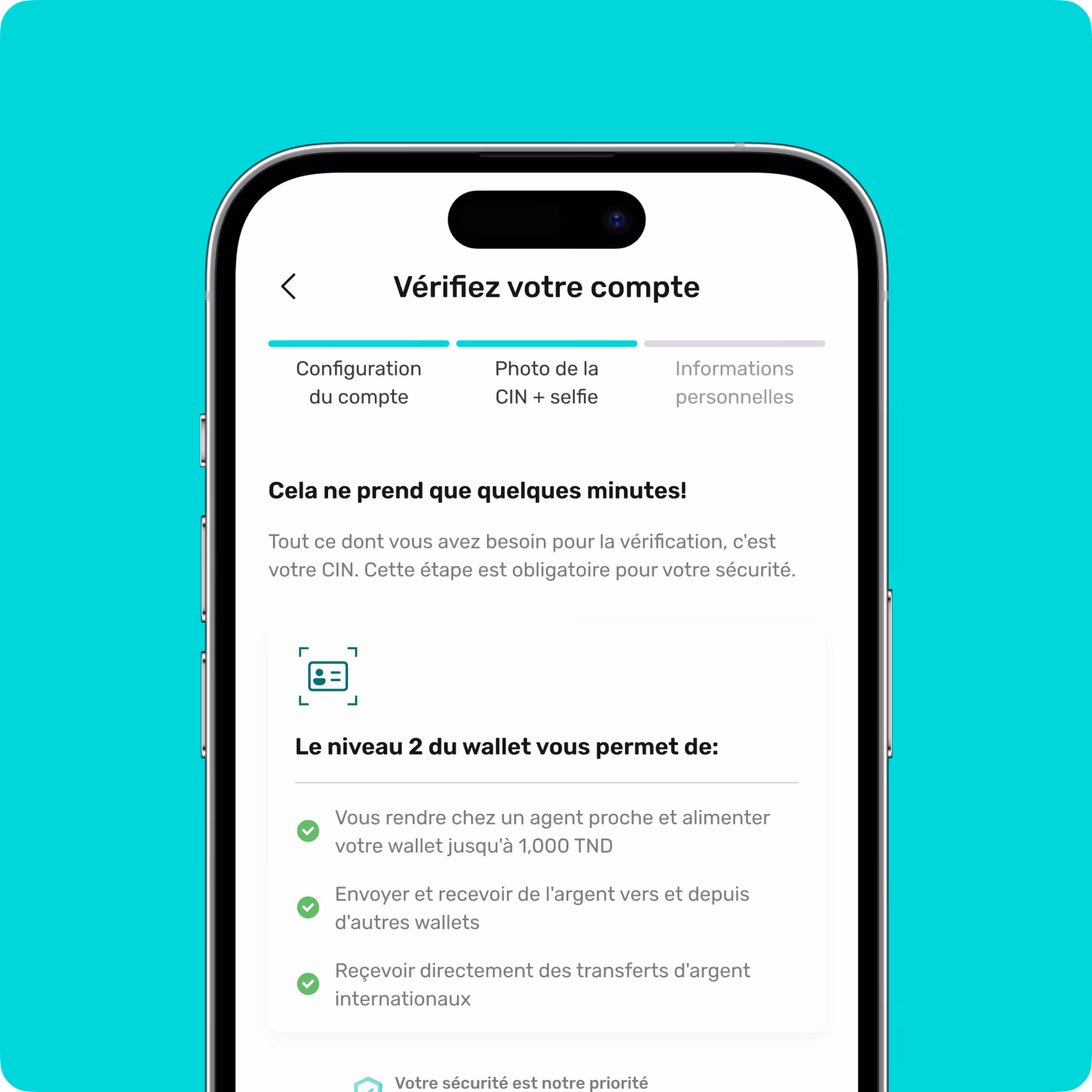 Mobile screen for account verification requesting ID photo and selfie, showing wallet level 2 benefits.