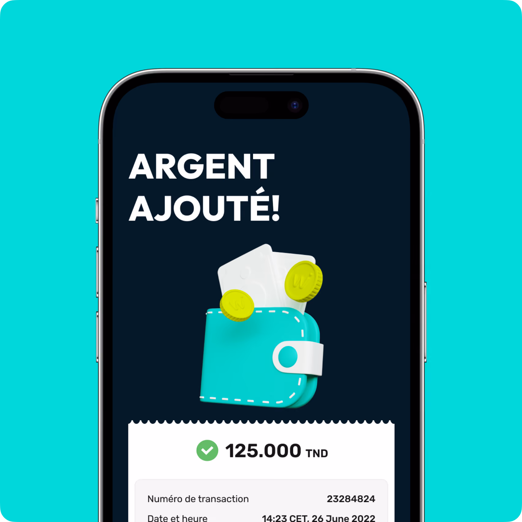 Phone screen showing 125,000 TND added with a wallet and coins graphic and transaction details.
