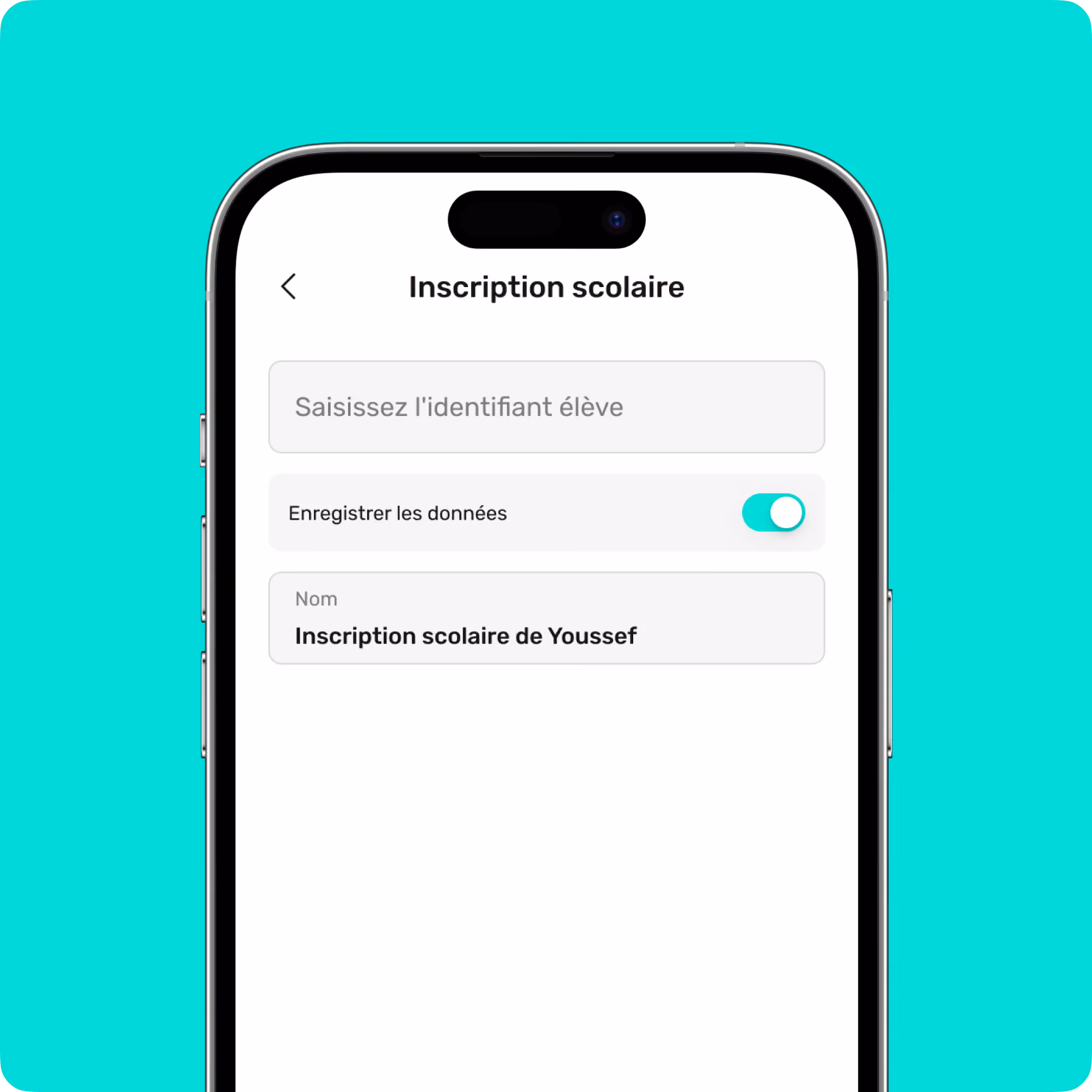 Mobile screen showing a school registration form with student ID input and data save toggle enabled.