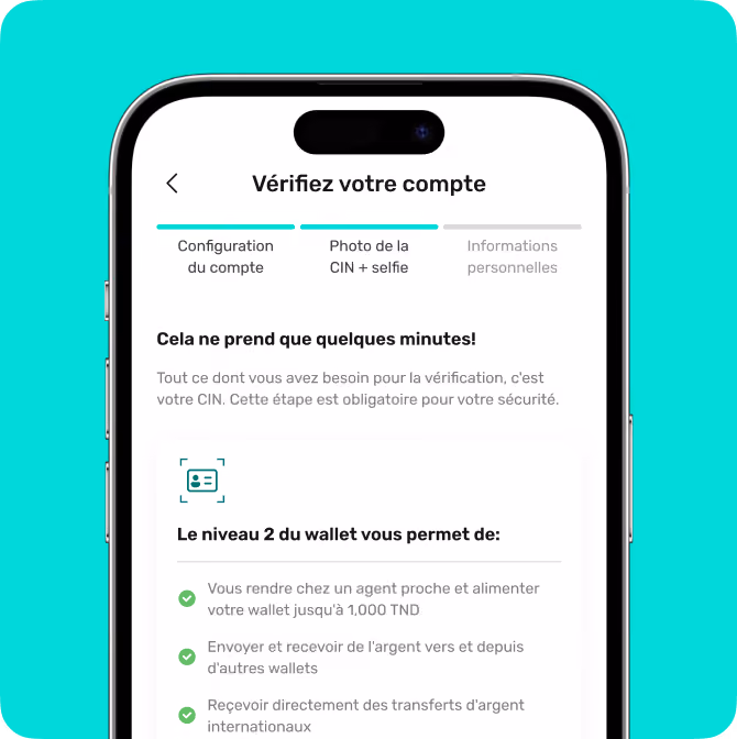 Mobile screen showing account verification steps for wallet with photo of ID and selfie required.
