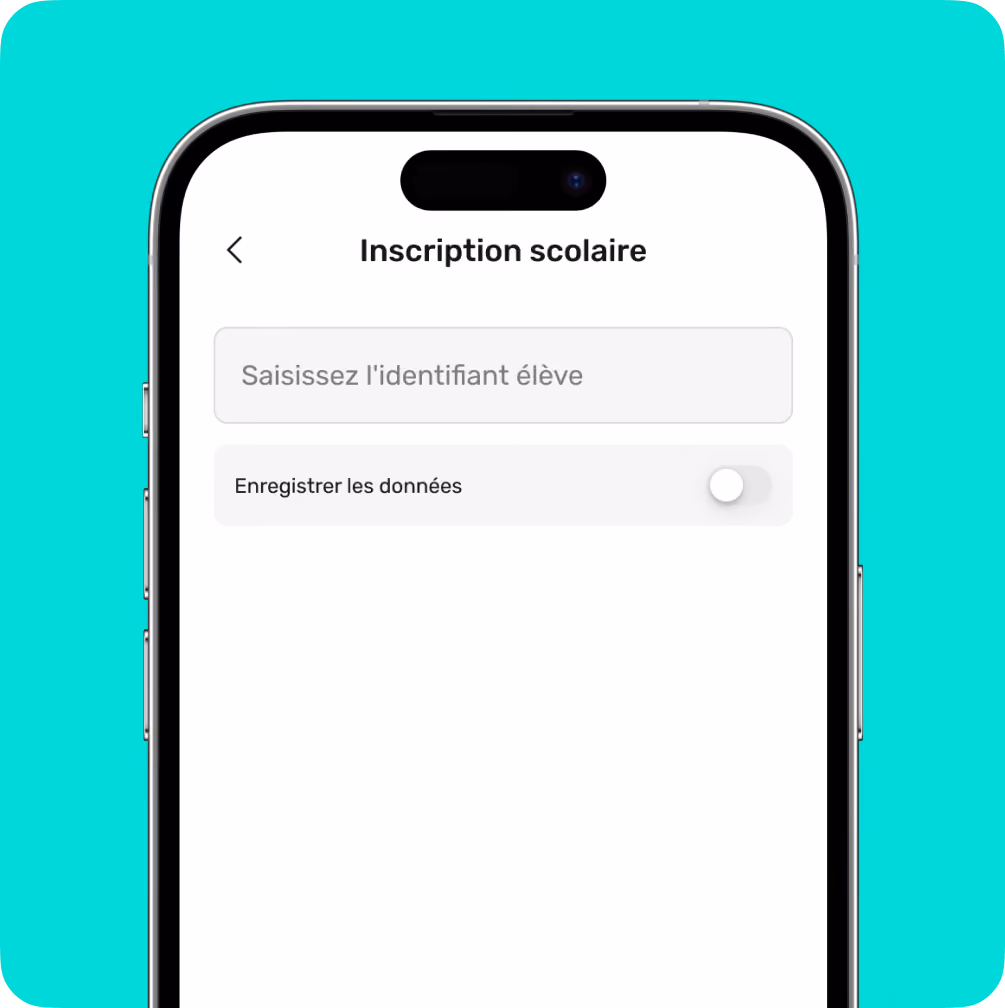 Mobile screen showing school registration form with student ID input and data save toggle switch.