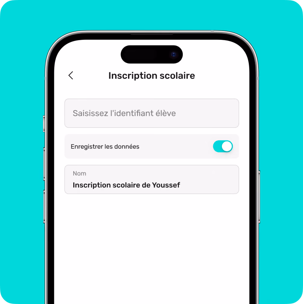 Mobile screen showing a school registration form with student ID input and data save toggle on.