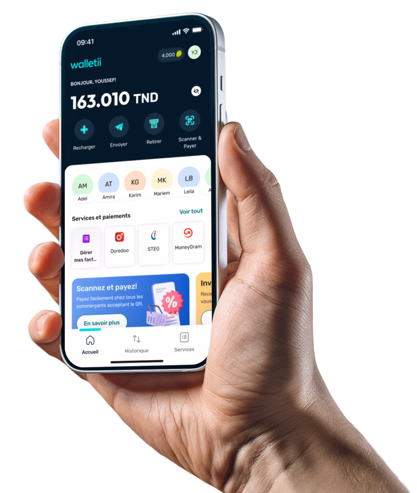 Hand holding a phone displaying a wallet app with 163.010 TND balance and payment options.