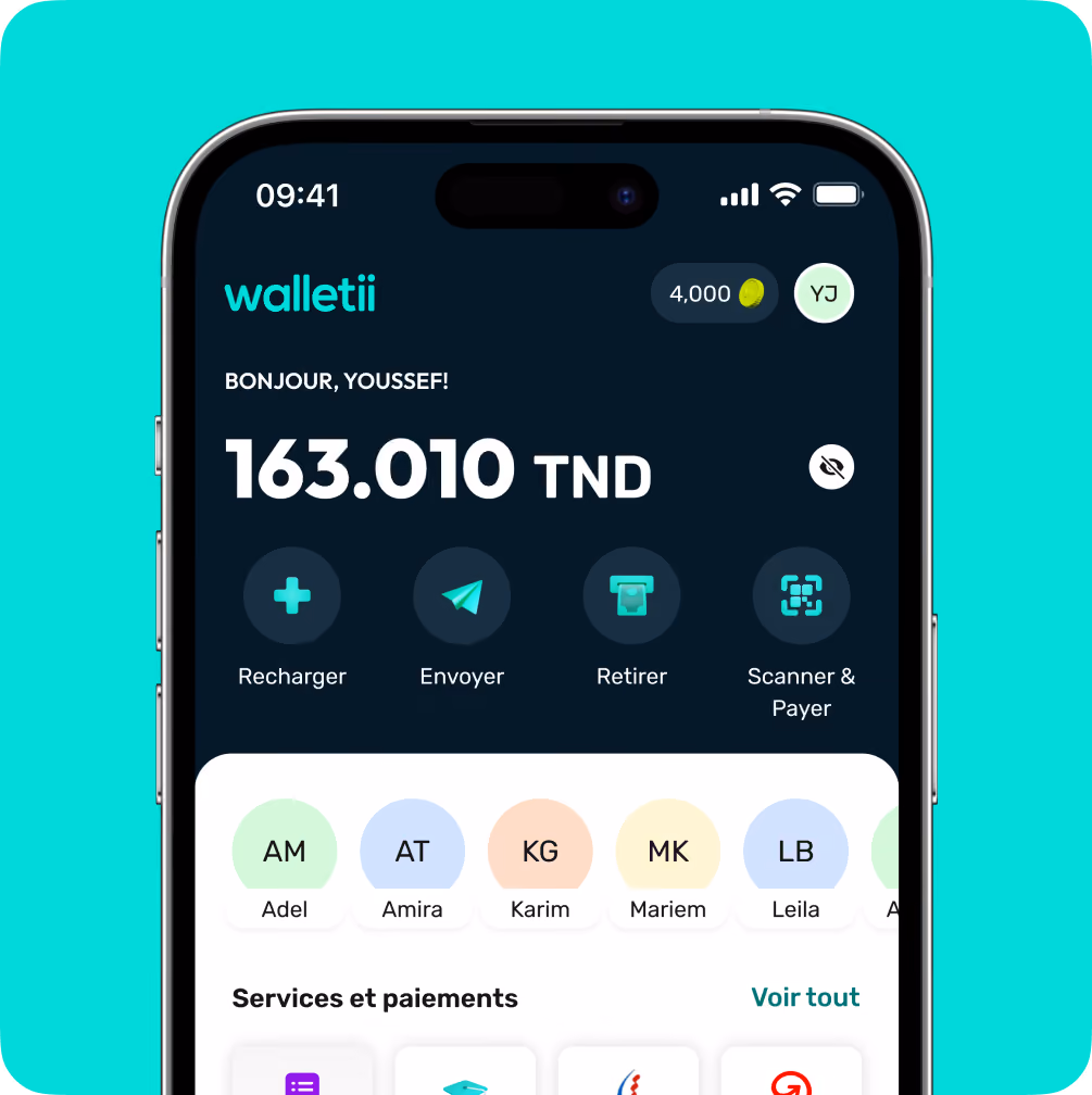 Mobile wallet app interface showing balance 163.010 TND, options to recharge, send, withdraw, and scan to pay.