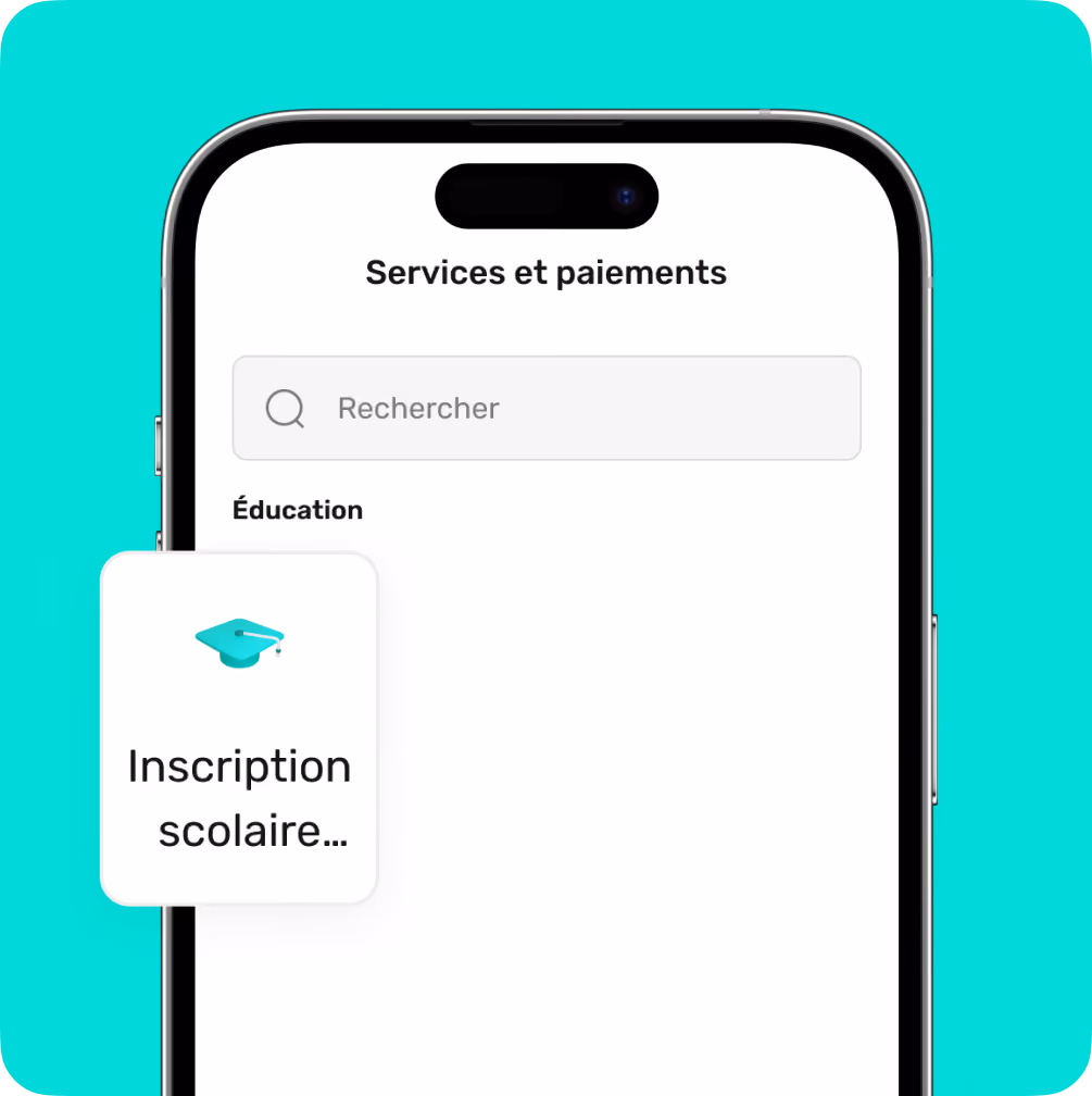 Mobile screen showing a French service menu with a search bar and an education option for school registration.