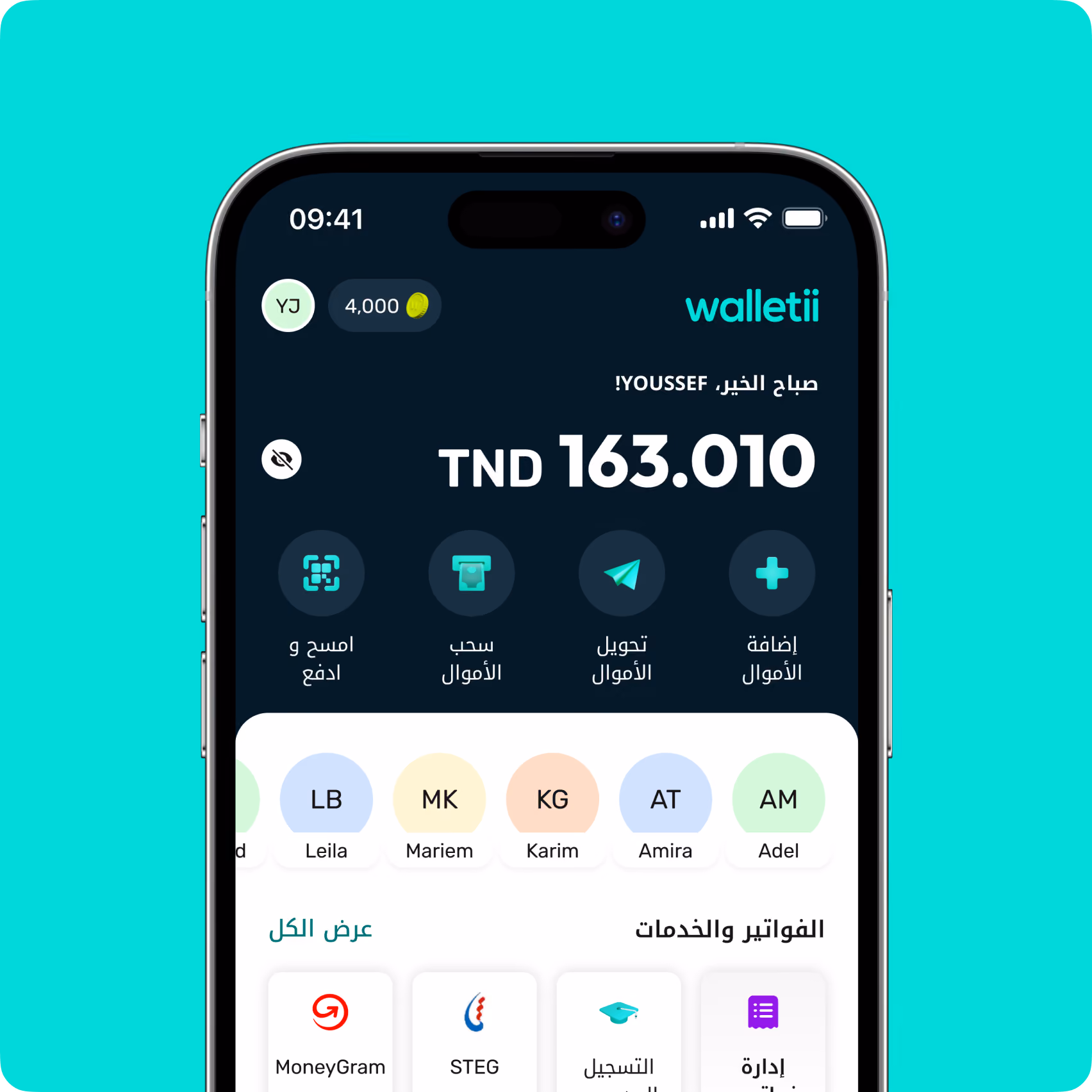 Walletii app showing a TND 163.010 balance with options to pay, withdraw, transfer, and add money.