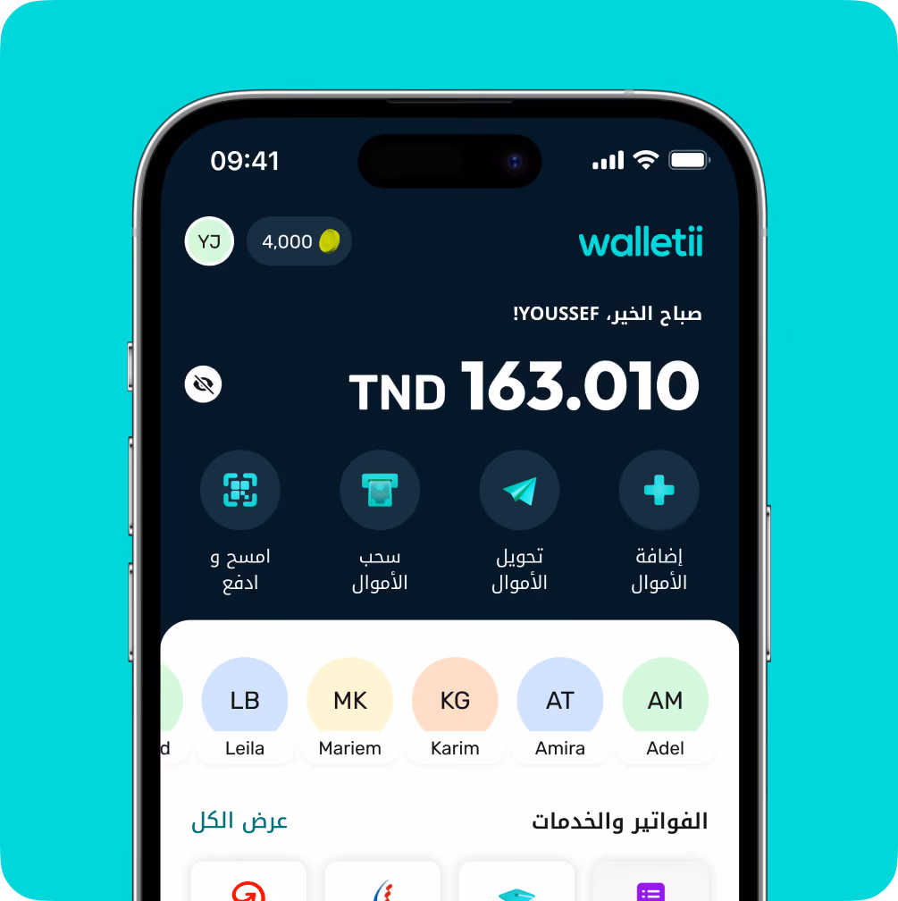 Mobile wallet app showing a balance of TND 163.010 with options to add, transfer, withdraw, and pay.