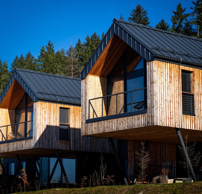Two modern wooden chalets with large windows set in a tranquil forest environment under clear blue skies.