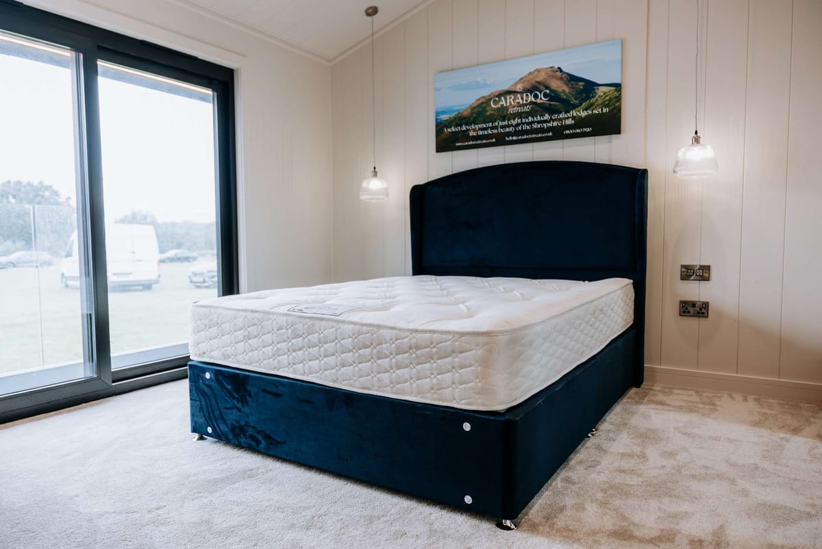 Elegant Bedroom with Plush Velvet Bed Frame and Large Window Overlooking Scenic Outdoors