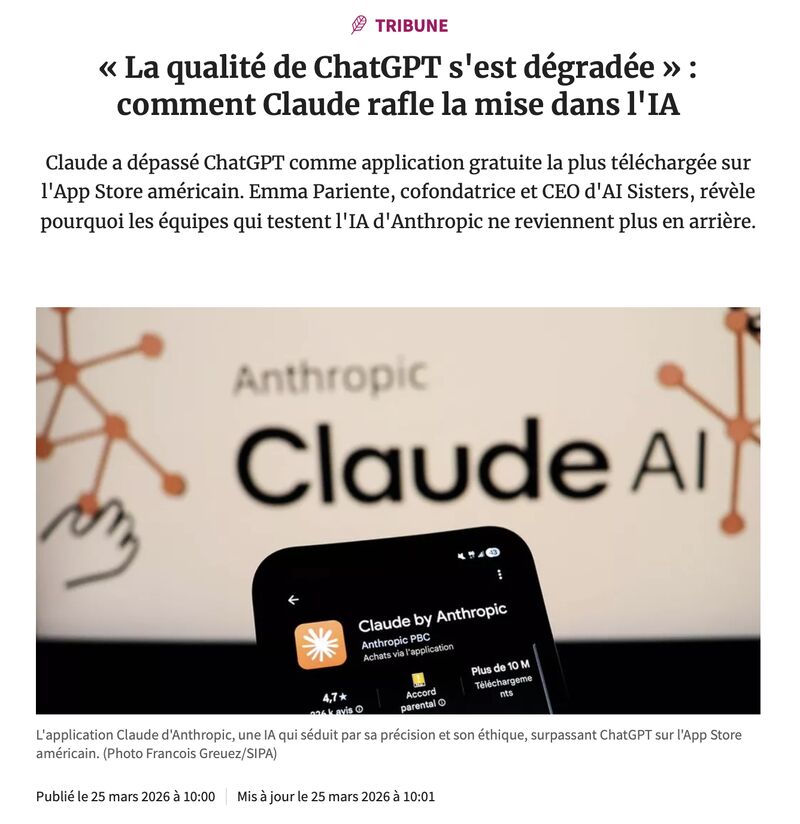 Pourquoi Claude remplace ChatGPT en entreprise — tribune Les Echos par Emma Pariente