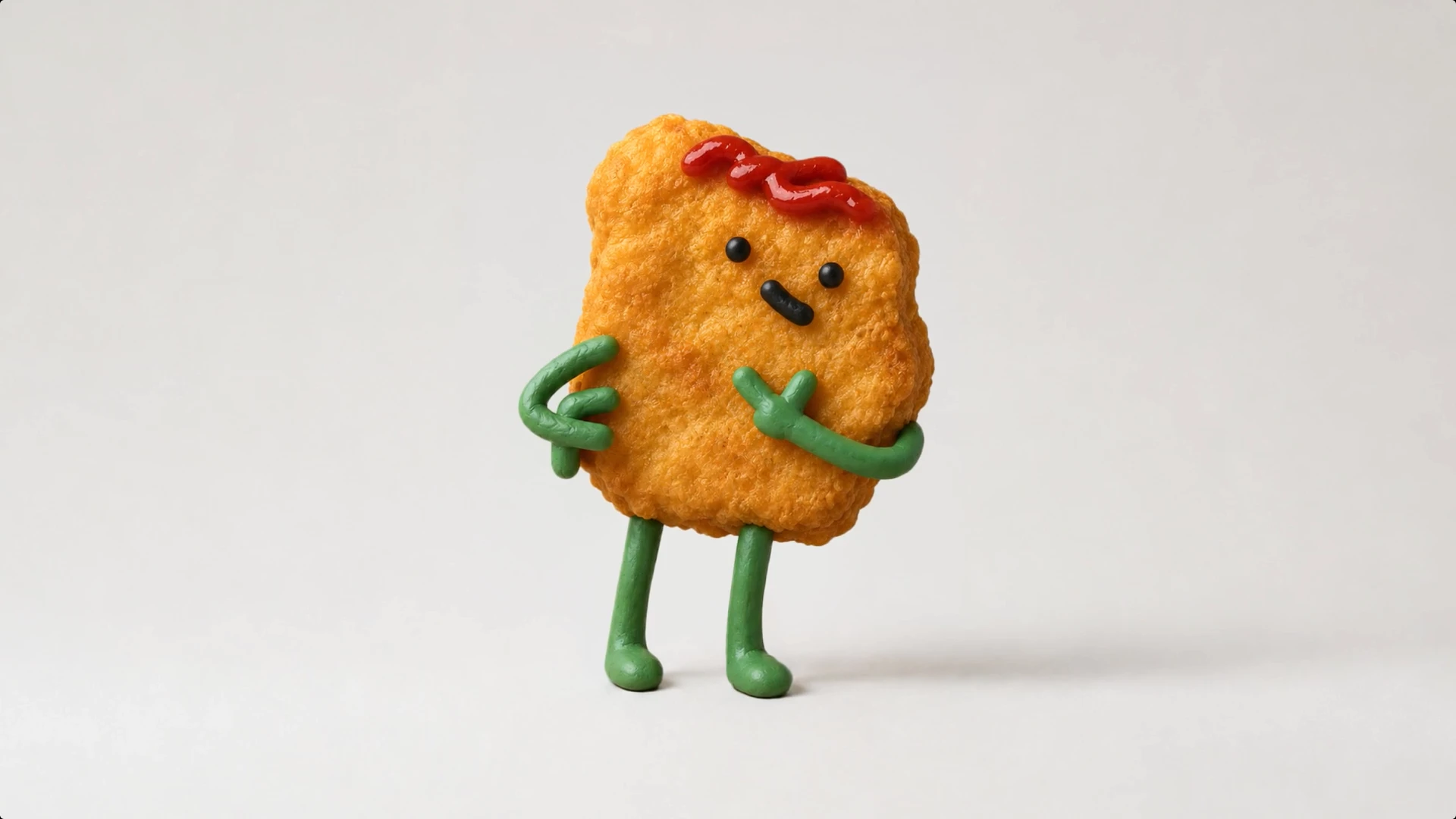 L’image obtenue à partir du croquis : un nugget de poulet surmonté d’un filet de ketchup, avec des yeux et des bras et jambes en pâte à modeler verte, sur fond gris clair.