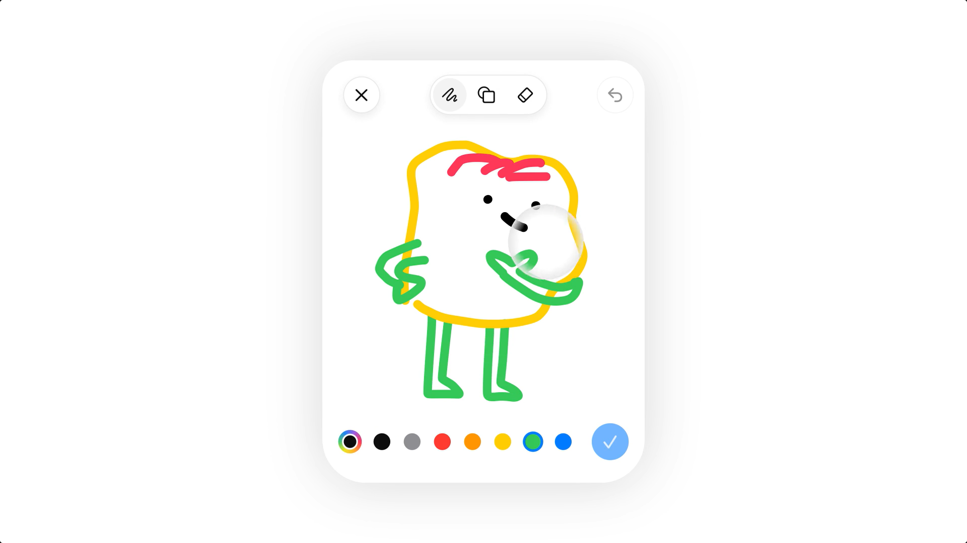 Interface de l’outil Croquis de ChatGPT : un personnage dessiné à main levée, corps jaune, bras et jambes verts, trait rouge sur le dessus, avec une palette de couleurs en bas.