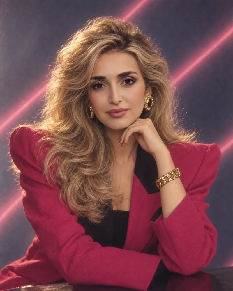 Portrait de style années 1980 : une femme aux longs cheveux blonds volumineux, veste rose aux épaules marquées et boucles d’oreilles dorées, devant un fond violet traversé de rayons laser roses.