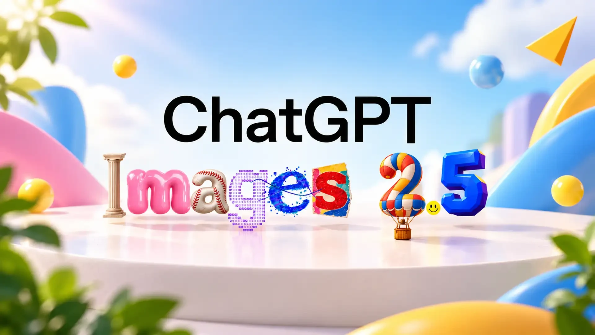 Le visuel de lancement de ChatGPT Images 2.5 : le mot ChatGPT en noir et Images 2.5 en lettres multicolores, sur un podium blanc devant un ciel bleu.