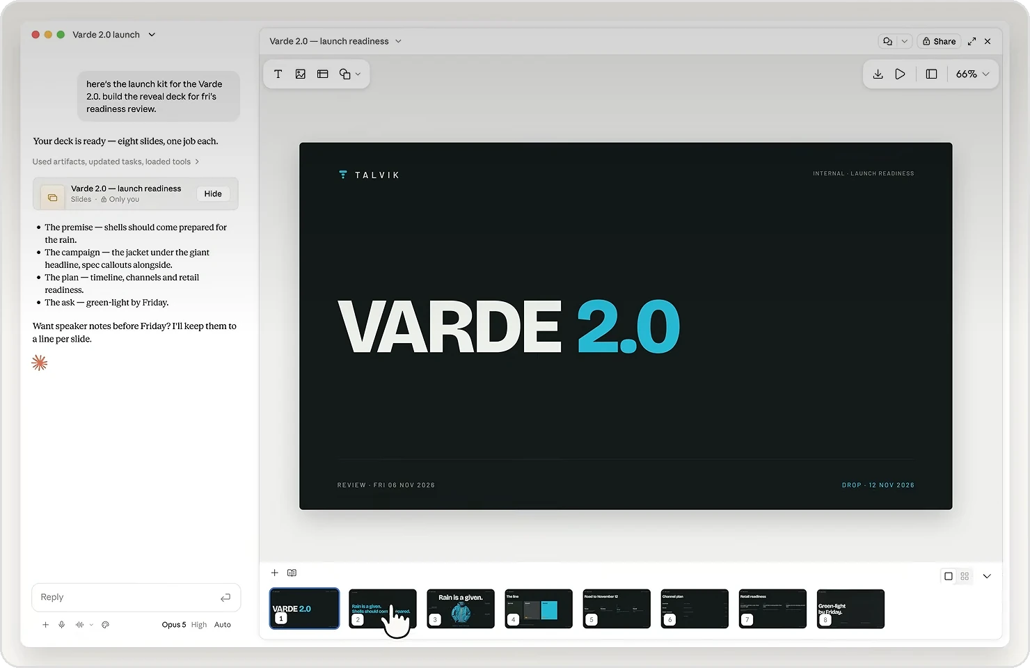 Interface de Claude Slides : à gauche, la conversation où Claude annonce une présentation de huit slides ; à droite, la slide de titre Varde 2.0 ; en bas, les miniatures des huit slides.