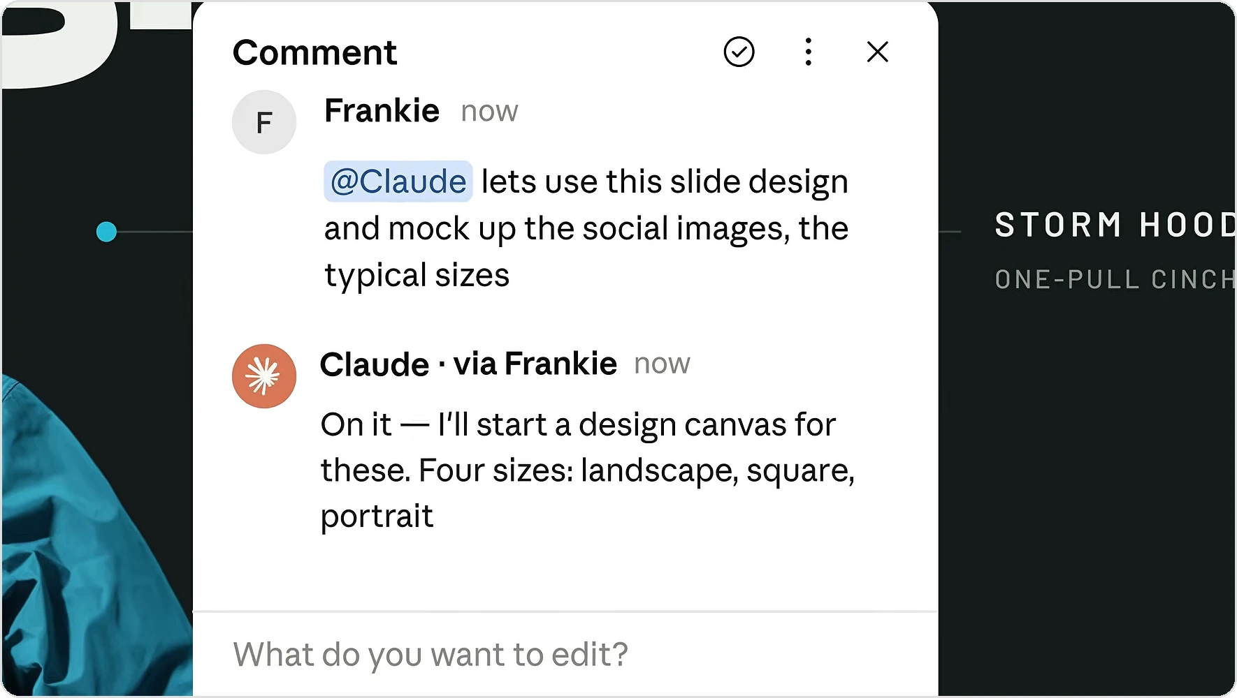 Commentaire sur une slide dans Claude Slides : Frankie mentionne @Claude pour lui demander de décliner la slide en visuels pour les réseaux sociaux, et Claude répond dans le fil qu’il s’en charge.