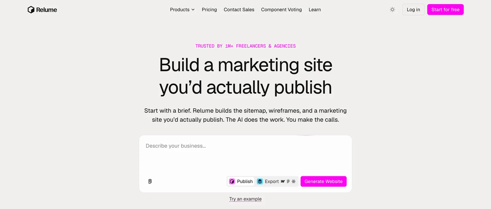 Page d’accueil de Relume : le titre « Build a marketing site you’d actually publish », une boîte « Describe your business… », et trois boutons : Publish, Export et Generate Website.