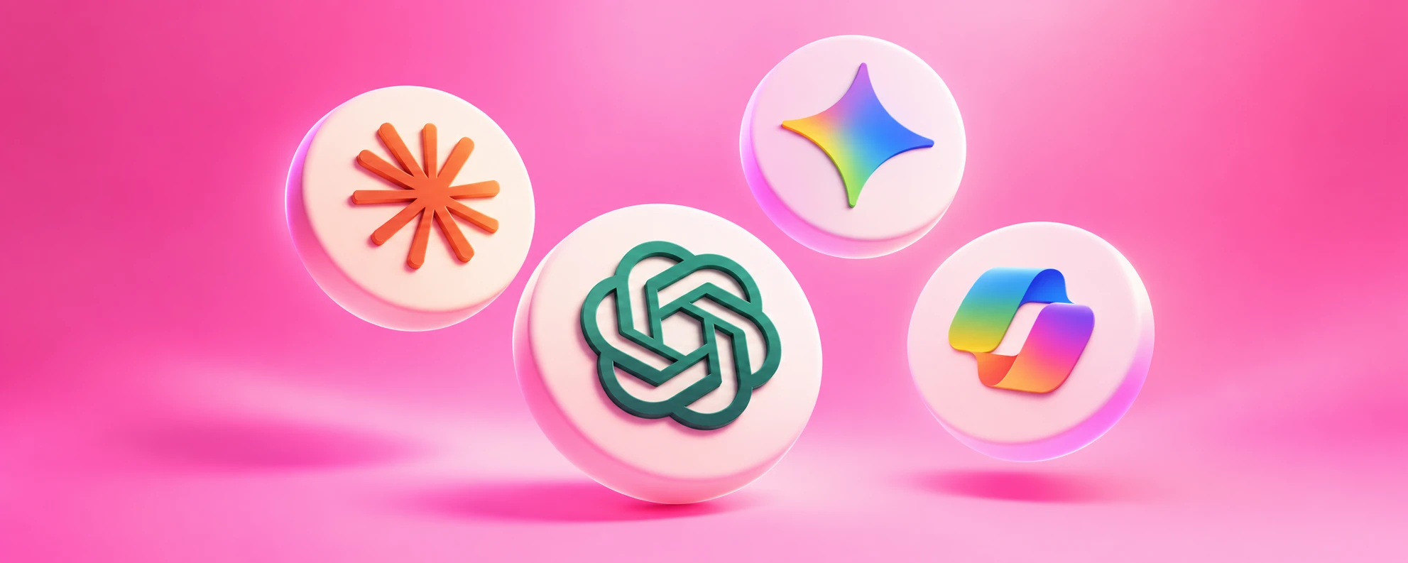 Quatre pastilles blanches en lévitation sur un fond rose, portant les logos de Claude, de Gemini, de ChatGPT et de Microsoft Copilot.