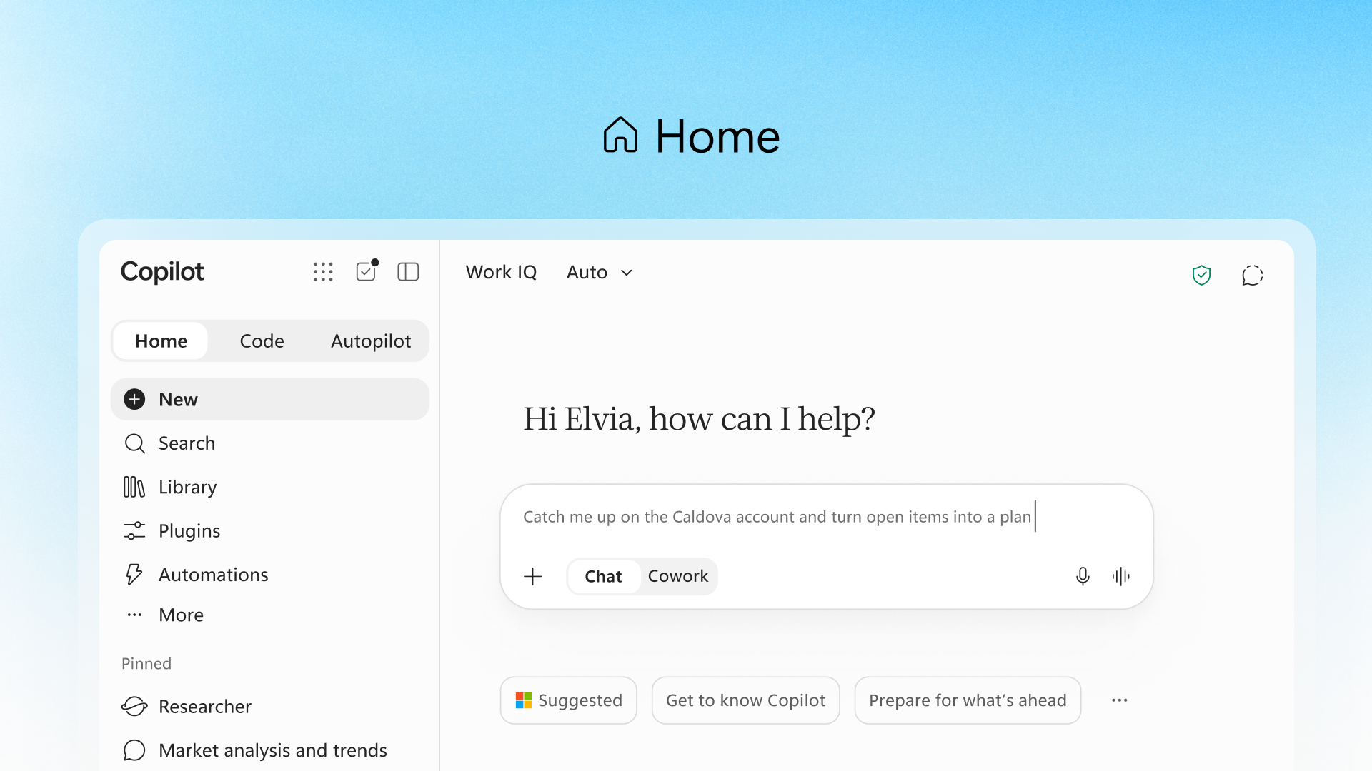 Capture de l’onglet Home du nouveau Copilot : menu latéral, zone de saisie avec le sélecteur Chat ou Cowork et suggestions.