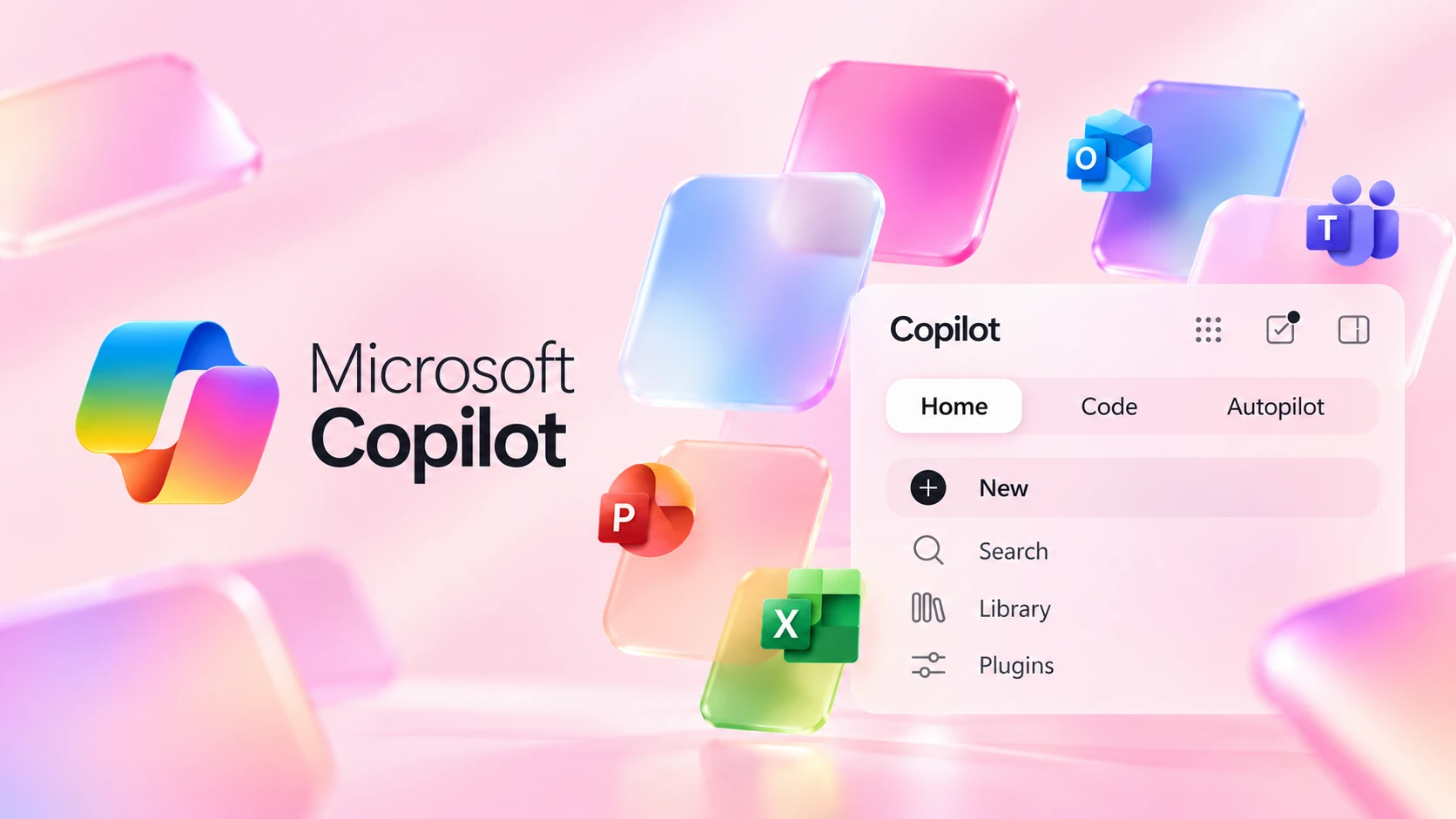 Le logo Microsoft Copilot à côté de la nouvelle interface, avec les onglets Home, Code et Autopilot, entourée des icônes Outlook, Teams, PowerPoint et Excel.