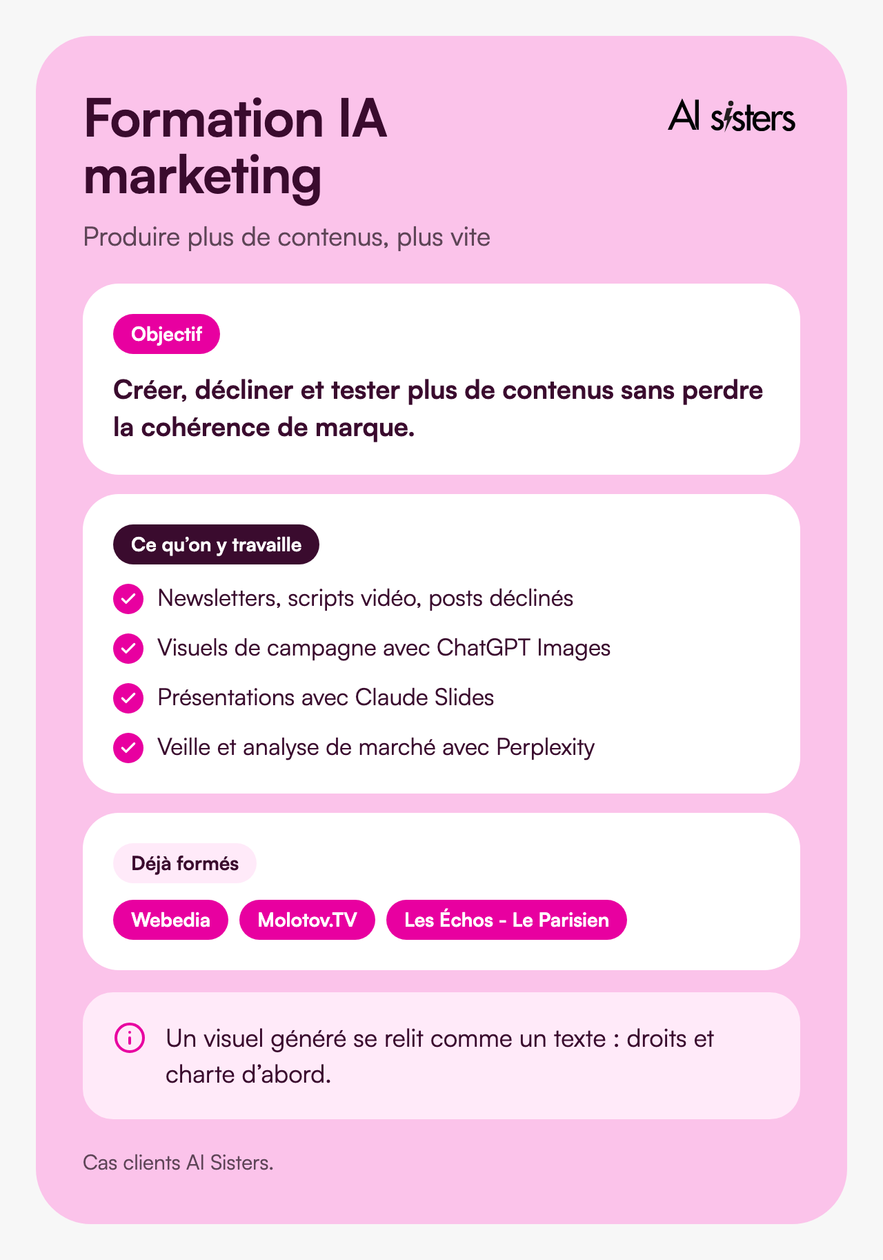 Formation IA marketing : newsletters et scripts vidéo, visuels de campagne avec ChatGPT Images, présentations avec Claude Slides, veille avec Perplexity. Déjà formés : Webedia, Molotov.TV, Les Échos - Le Parisien.