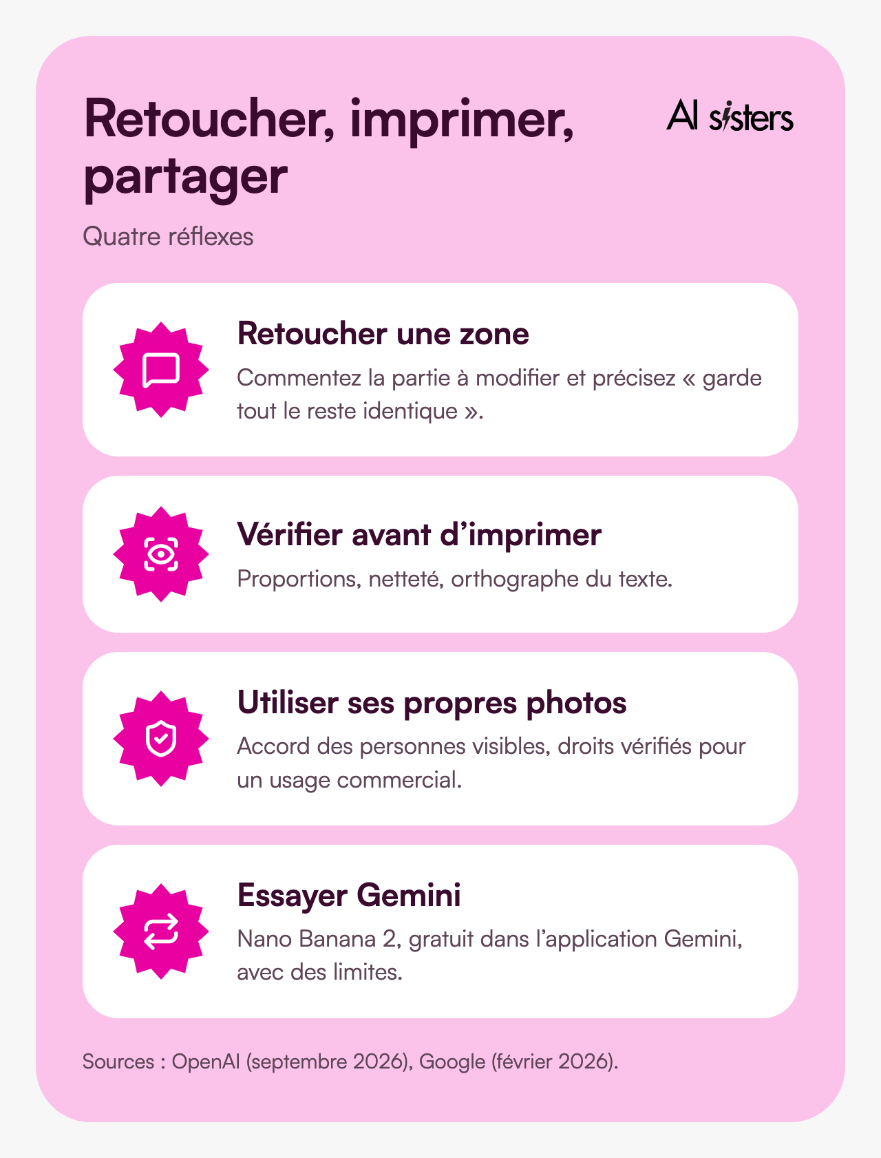 Quatre réflexes pour une carte postale IA&nbsp;: retoucher une zone, vérifier avant d’imprimer, utiliser ses propres photos, essayer Gemini avec Nano Banana 2.