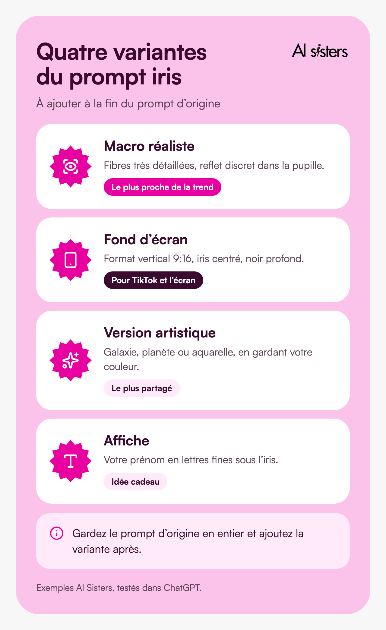 Quatre variantes du prompt iris&nbsp;: macro réaliste, fond d’écran vertical, version artistique, affiche avec prénom.