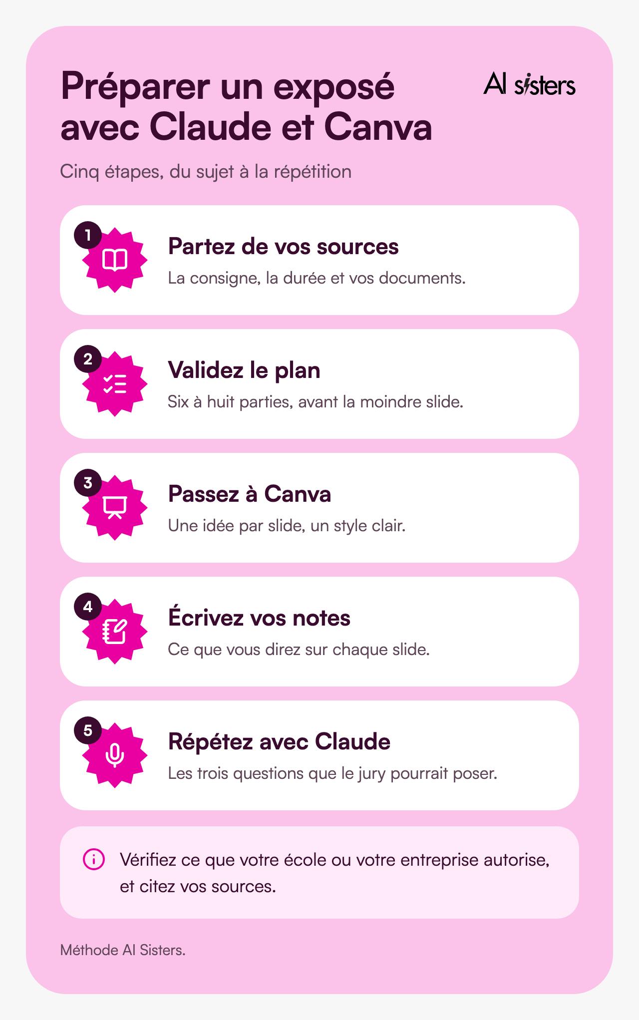 Prepare a presentation with Claude and Canva: start from your sources, approve the outline, move to Canva, write your speaker notes, rehearse with Claude.