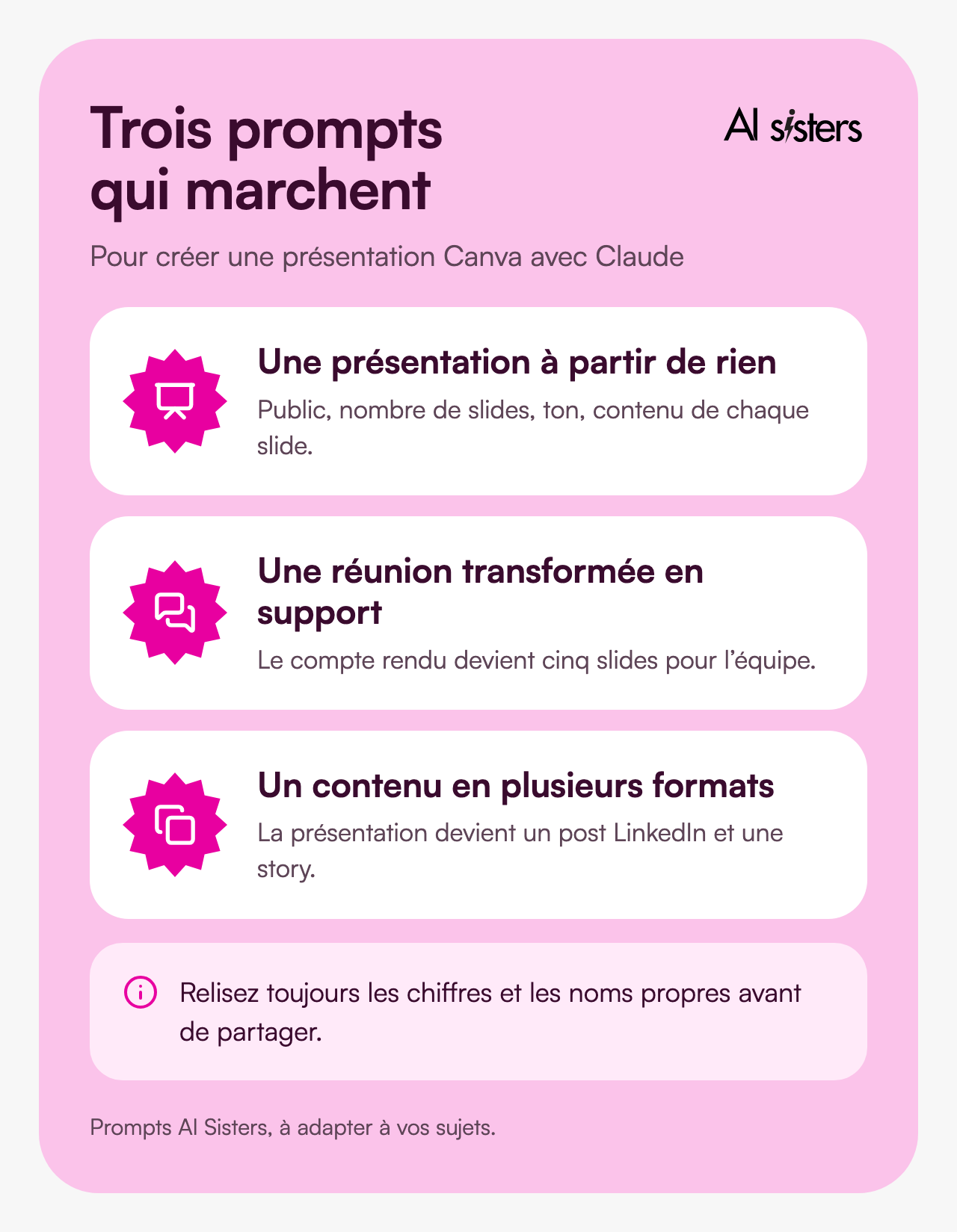 Three prompts to create a Canva presentation with Claude: a presentation from scratch, a meeting turned into a deck, content adapted into several formats.