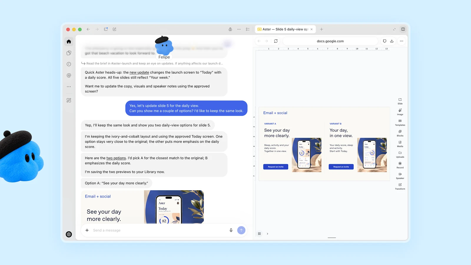 Capture de l’interface des dots. Felipe, un dot bleu, prévient qu’une mise à jour change l’écran de lancement, propose de reprendre le texte, les visuels et les notes du présentateur, puis présente deux variantes de la même diapositive. À droite, la présentation est ouverte dans Google Slides.