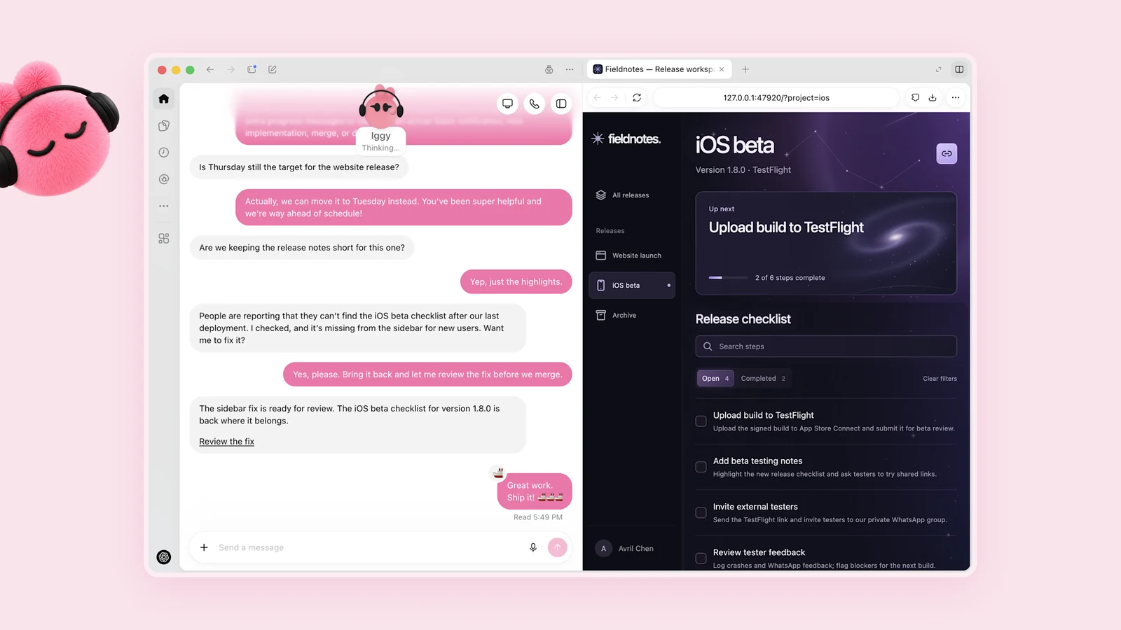Capture de l’interface des dots. À gauche, la conversation avec Iggy, un dot rose&nbsp;: il signale que la liste de contrôle d’une bêta iOS a disparu de la barre latérale, propose de la corriger, puis annonce que le correctif est prêt pour relecture. À droite, l’ordinateur du dot affiche l’espace de travail de l’application, avec la liste des étapes de la mise en production.