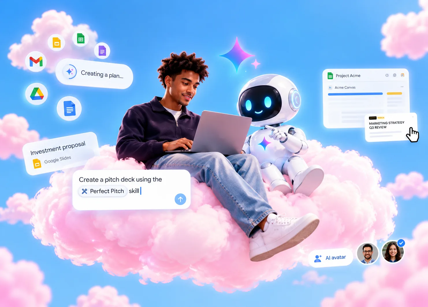 Gemini Agent en entreprise : un collaborateur et un robot Gemini travaillent dans Gmail, Drive, Docs et Slides