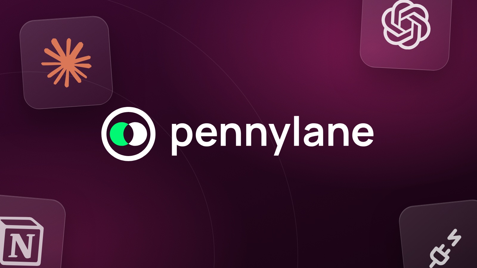 Logo Pennylane sur fond prune, entouré des icônes de Claude, ChatGPT et Notion.