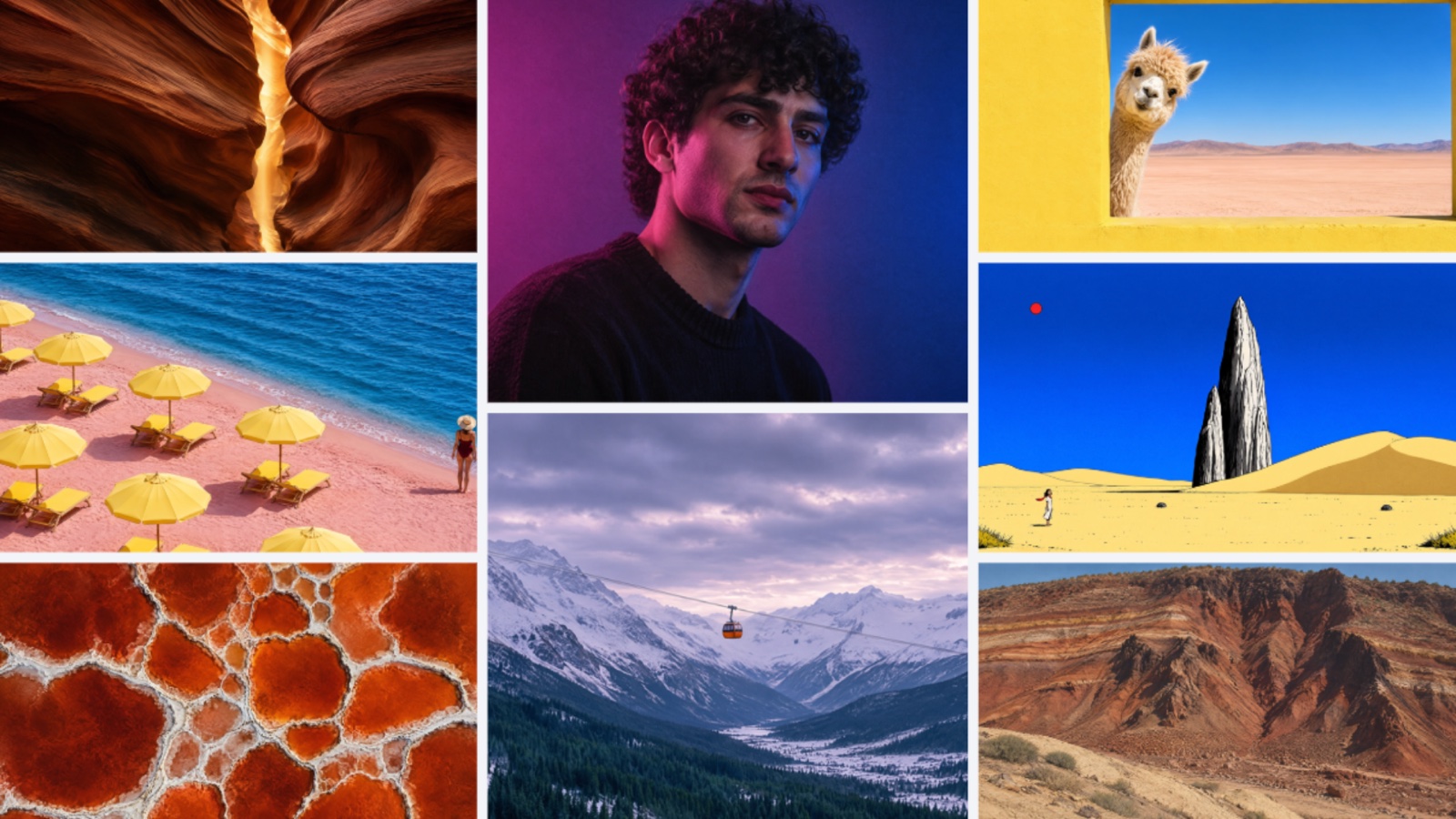 Huit exemples d’images générées avec Canva Craft : un canyon aux parois orangées, une plage rose couverte de parasols jaunes, des formations minérales rouges, le portrait d’un jeune homme aux cheveux bouclés sous un éclairage violet, une vallée enneigée traversée par un téléphérique, un lama qui passe la tête par une fenêtre jaune, une aiguille rocheuse dans des dunes sous un ciel bleu, une falaise aux strates rouges.