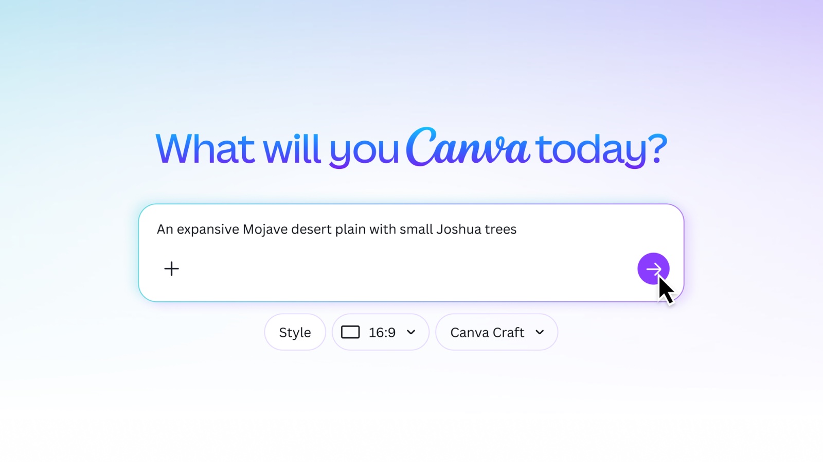 Interface de Dream Lab dans Canva. Sous le titre « What will you Canva today? », le champ de saisie contient la consigne « An expansive Mojave desert plain with small Joshua trees ». En dessous, trois menus : Style, le format 16:9 et le modèle Canva Craft.
