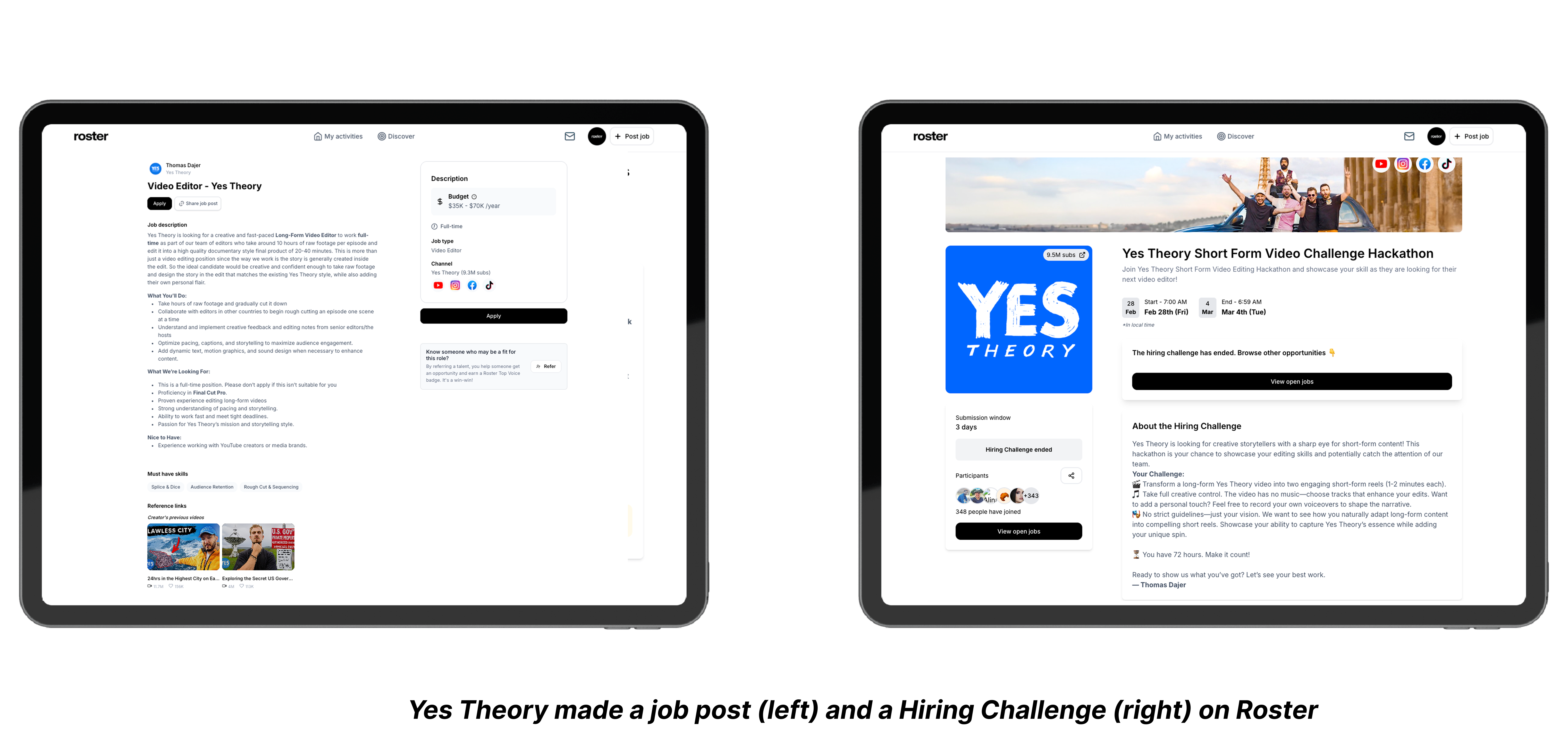 Job post and hackathon example from Yes Theory