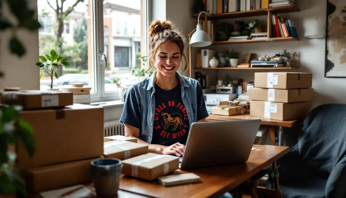 A small business owner is focused on their laptop, surrounded by packages ready for delivery. This scene highlights the importance of logistics and efficient order management in providing reliable service to customers.