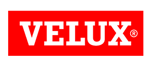 VELUX Markenlogo in weißer Schrift auf rotem rechteckigem Hintergrund.