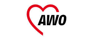Rotes Herz, das links das Kürzel AWO in schwarzen Buchstaben umschließt.