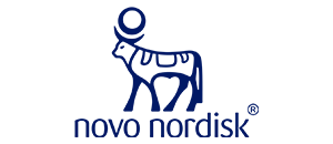 Novo Nordisk Firmenlogo mit stilisierter dunkelblauer Kuh, die einen Kreis hält.