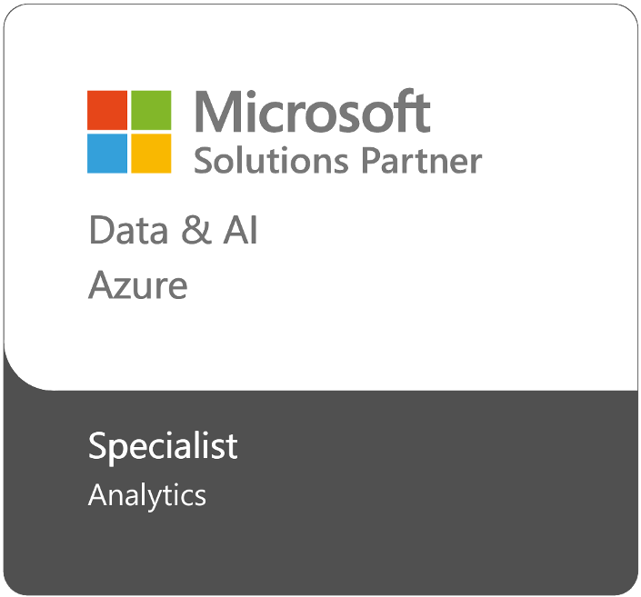 Microsoft Solutions Partner Logo mit Schwerpunkt auf Data & AI und Azure, Specialist Analytics.
