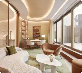 Sala moderna com sofá curvo branco, poltrona marrom, mesa branca e janela grande com vista externa.